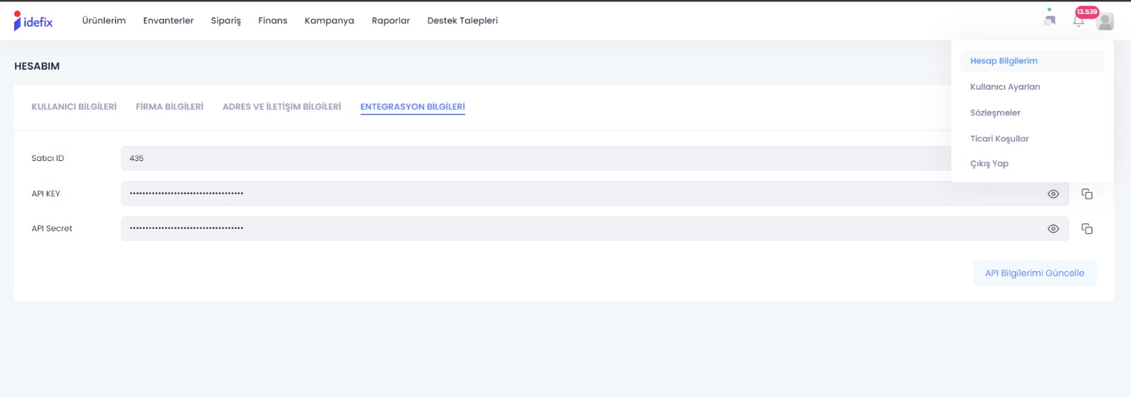 İdefix API Kullanıcısı Oluşturma Adımları