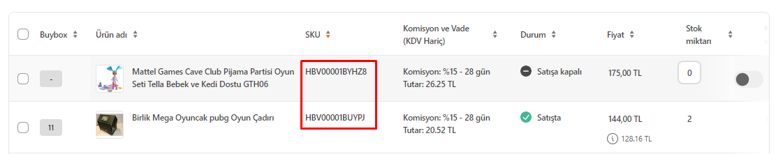 Hepsiburada SKU Numarası